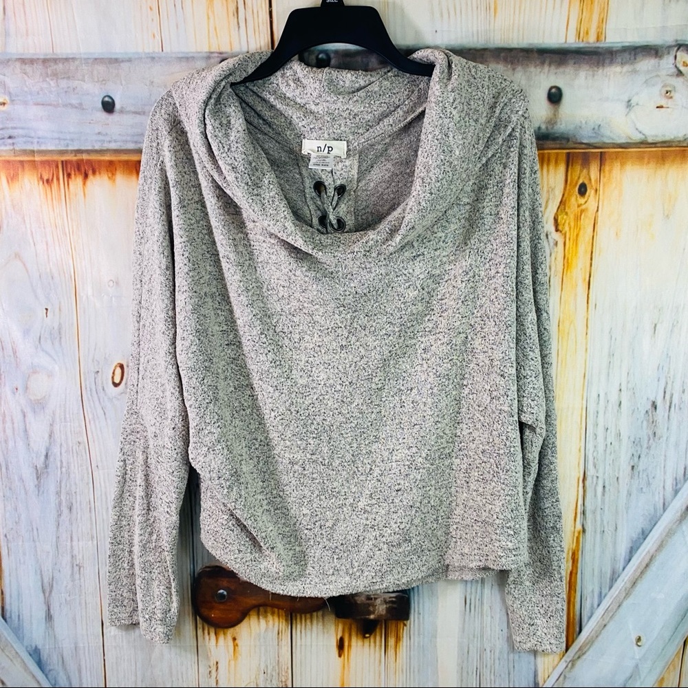 EUC N/P Stretchy Soft Lace Up Back Cowl Neck Top Gray Beige One Size